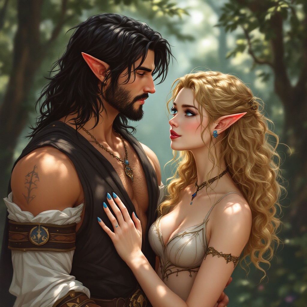 Romantic Queldorei Elf Couple in Enchanted Forest