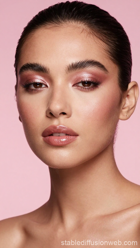 Rose Gold Glamour Portrait of Woman with Glossy Makeup
