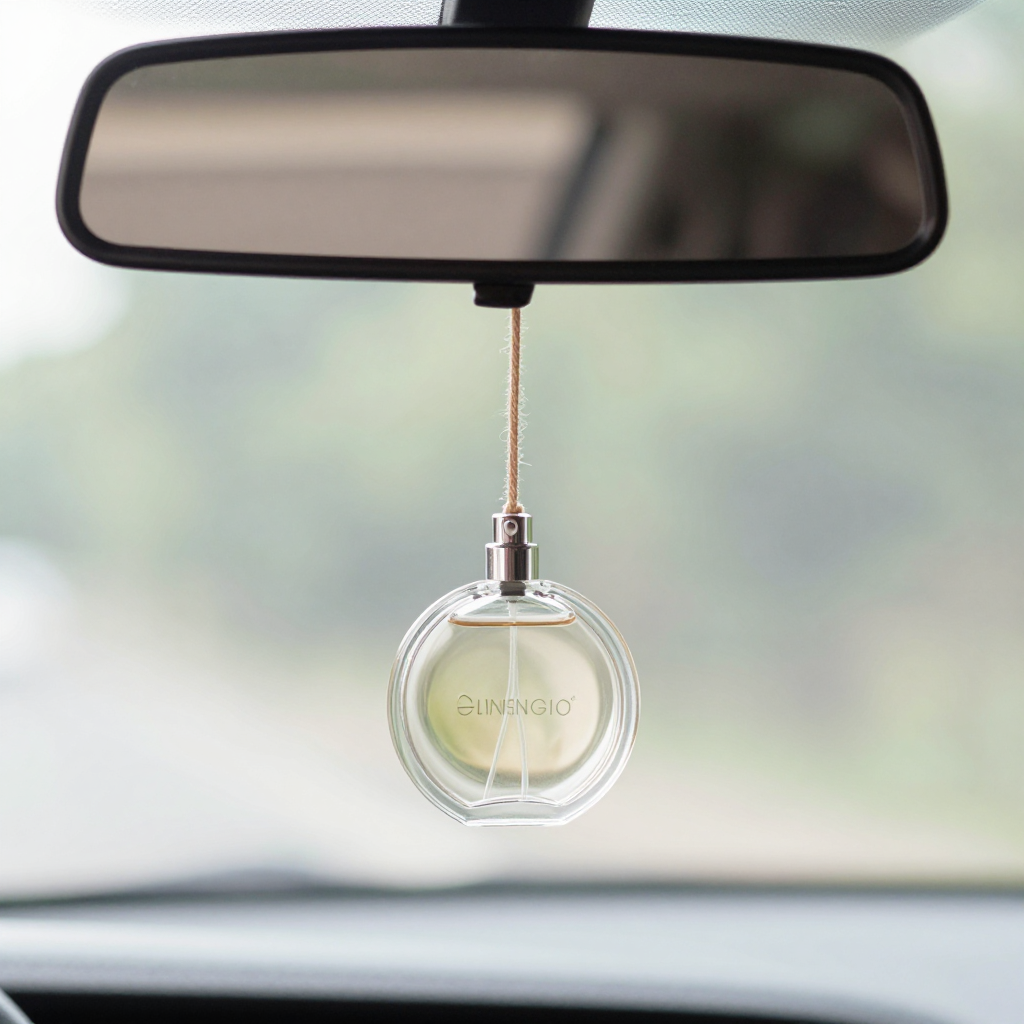 Round Car Perfume Bottle Hanging from Rearview Mirror