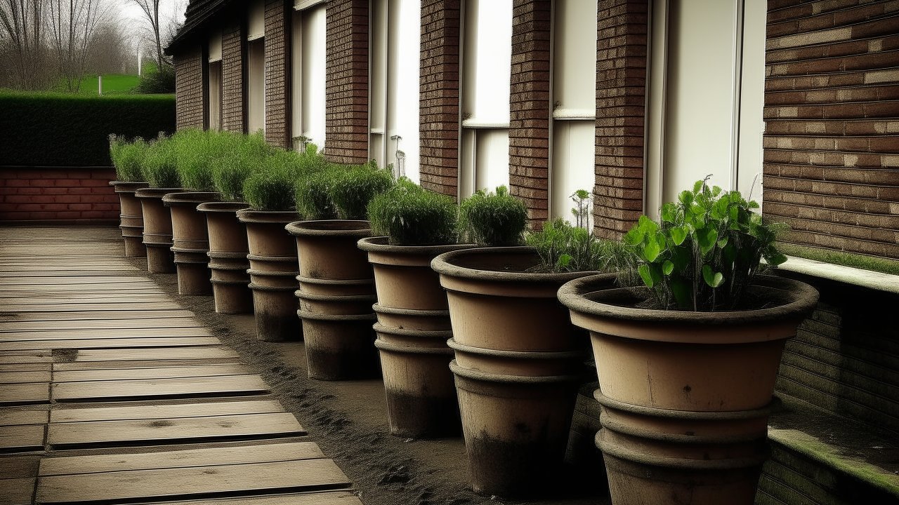 Row of Large Planters with Green Plants Along Brick Building