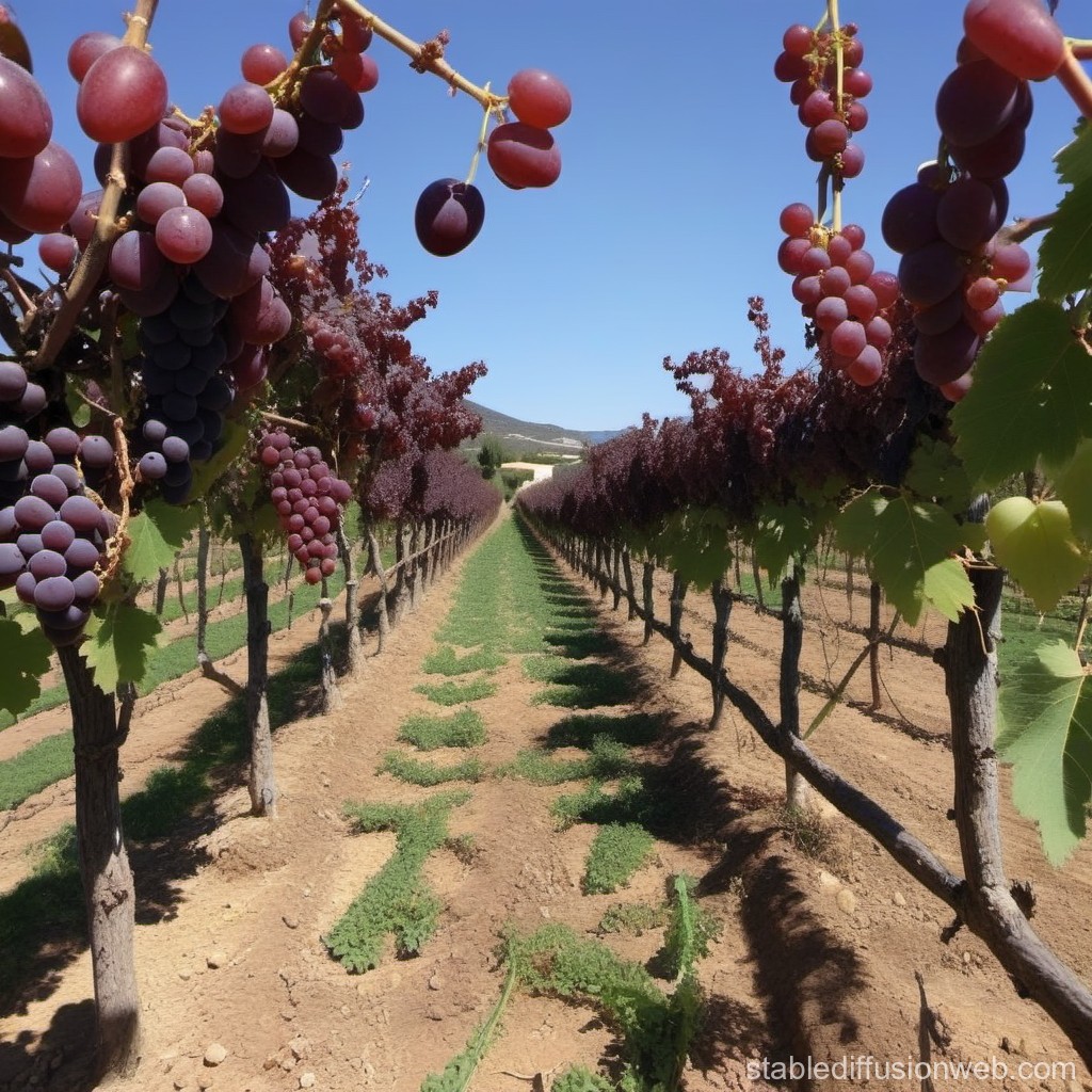 Rows of Red Grapevines in a Sunny Vineyard