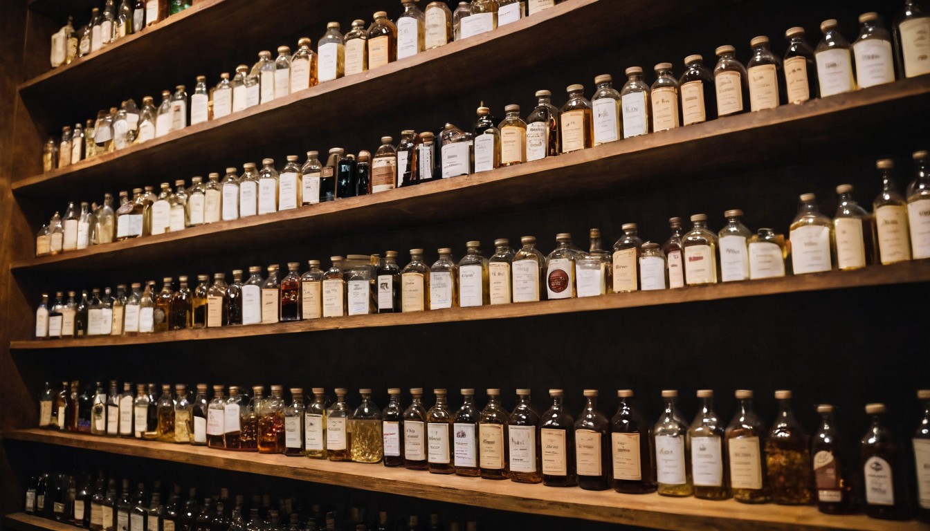 Rows of Vintage Apothecary Bottles on Wooden Shelves
