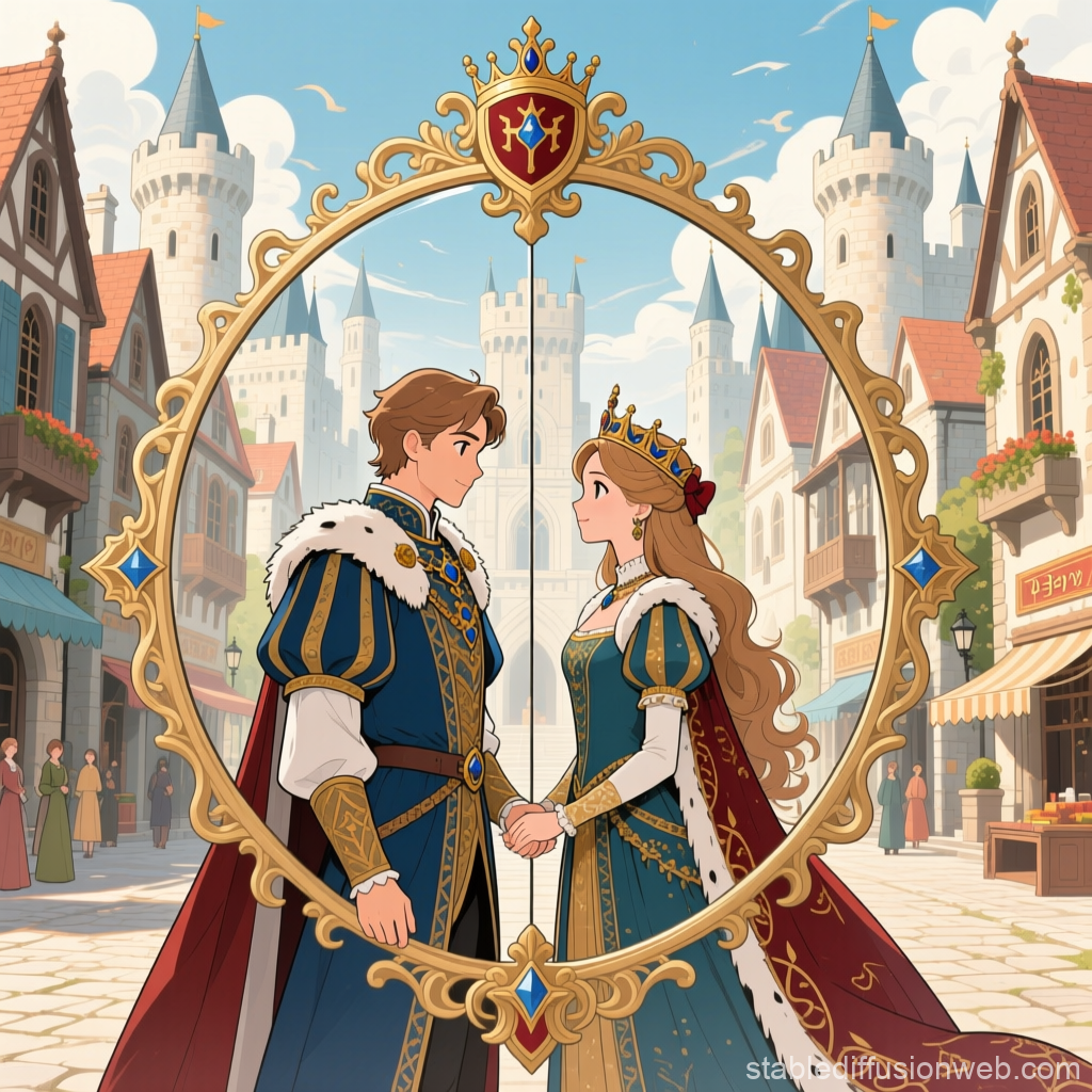 Royal Couple Holding Hands in a Medieval Castle Town