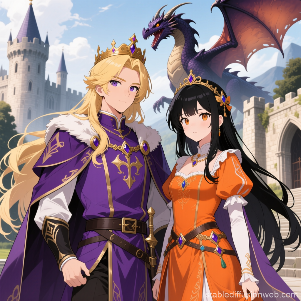 Royal Couple with Dragon in Anime Fantasy Setting
