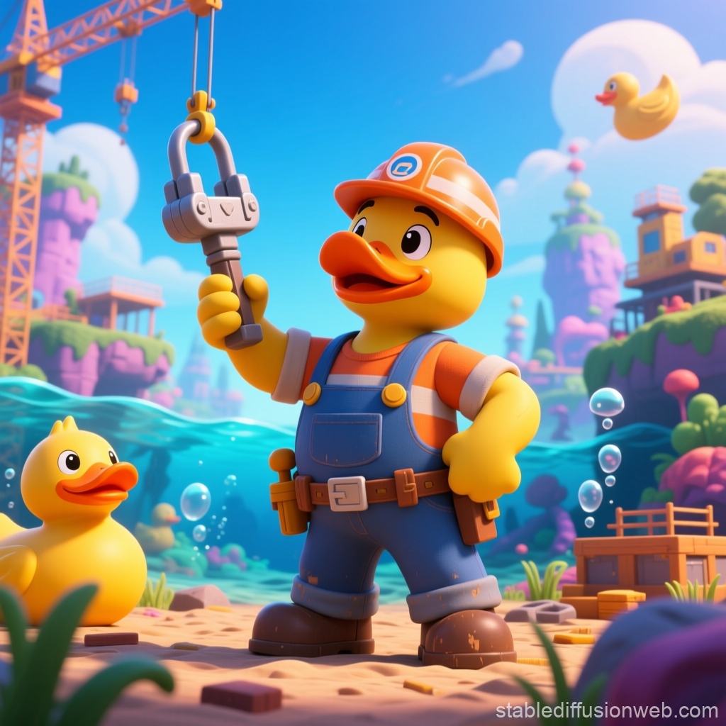 Rubber Duck Construction Worker in Vibrant Fantasy Landscape