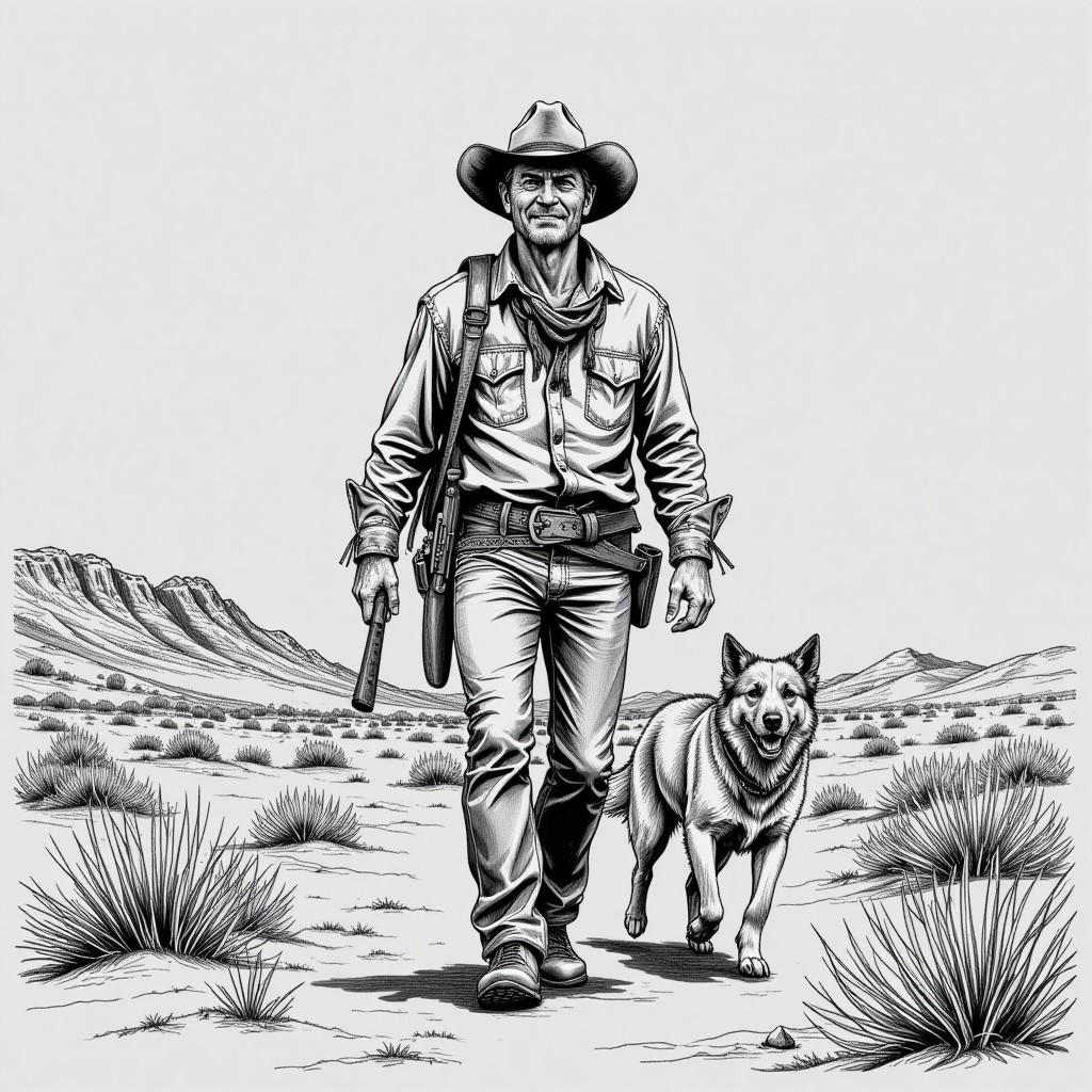Rugged Cowboy Walking with Dog in Desert Landscape