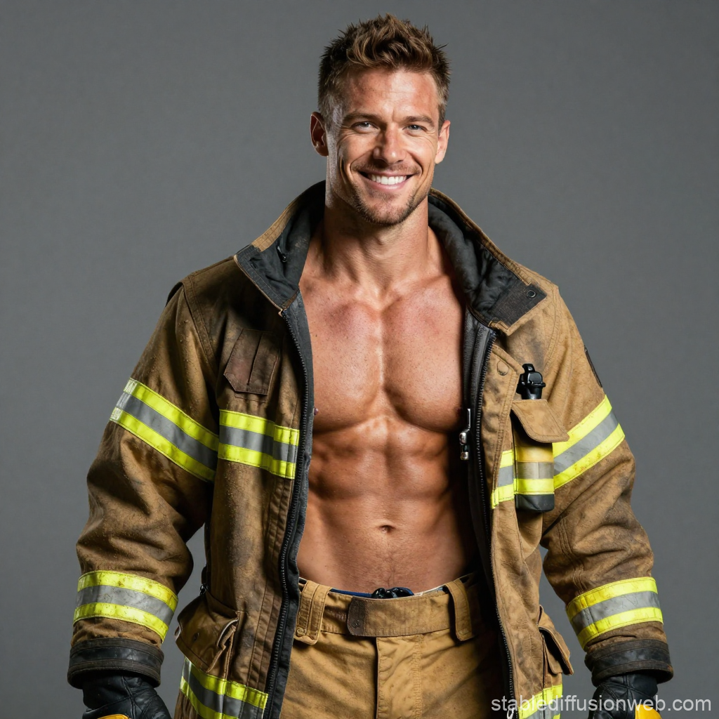 Rugged Firefighter Smiling with Open Jacket