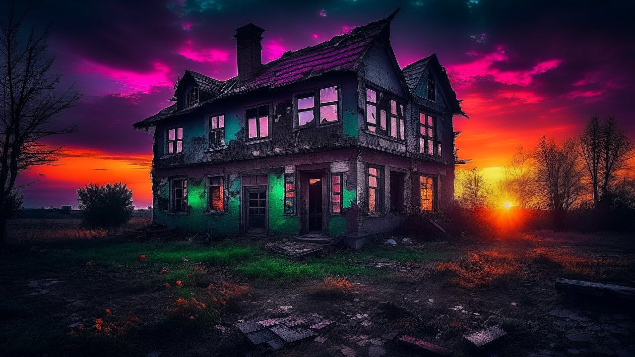 Ruined House at Vibrant Sunset