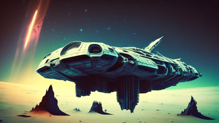 Ruined Starship Hovering Over Alien Desert Landscape