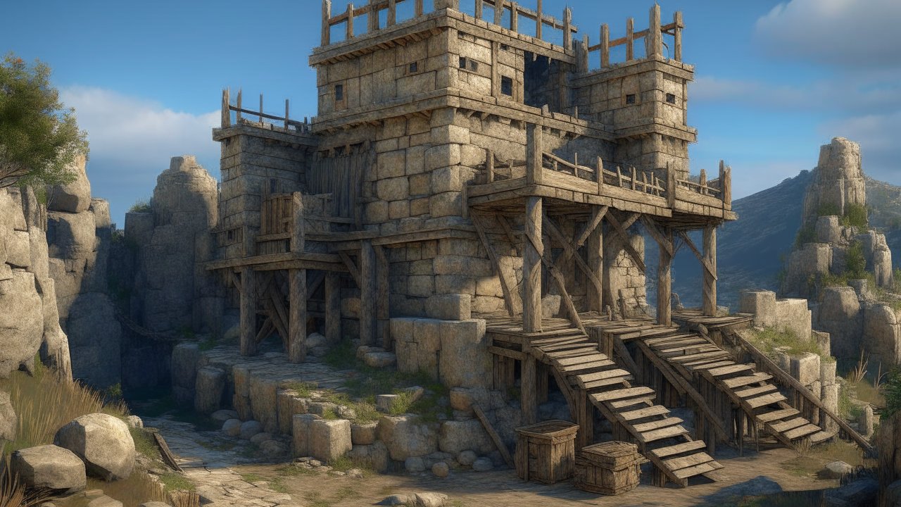 Ruined Stone Fortress in Rocky Landscape