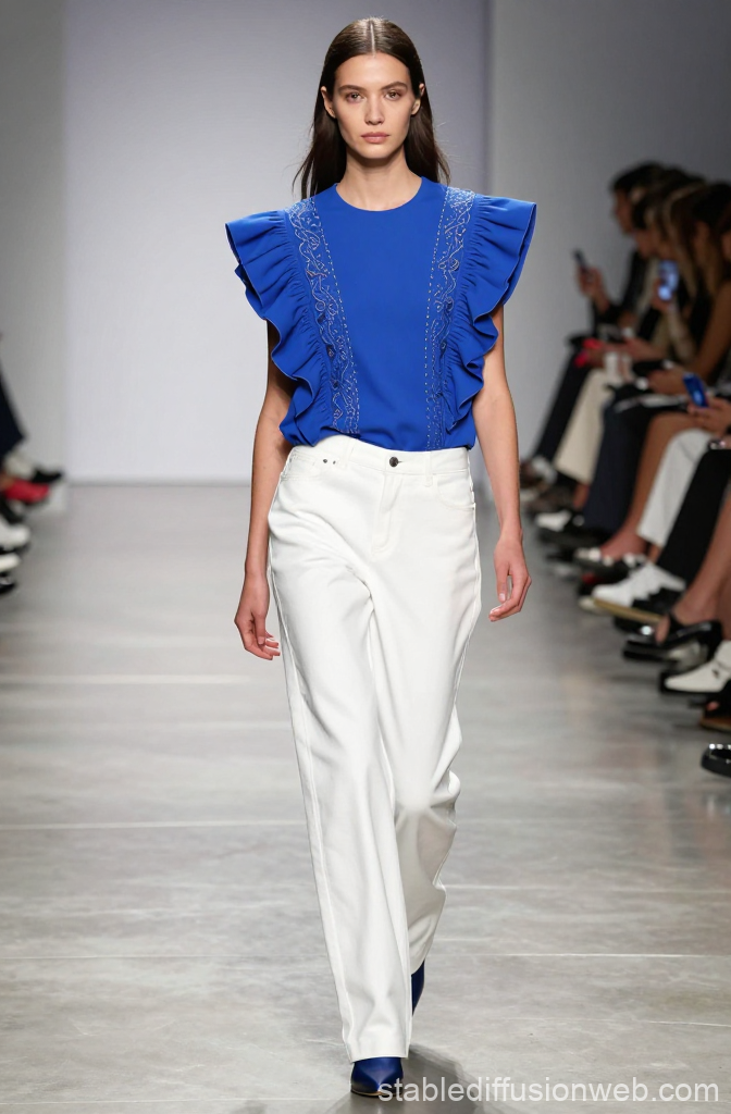 Runway Model in Blue Ruffled Top and White Pants