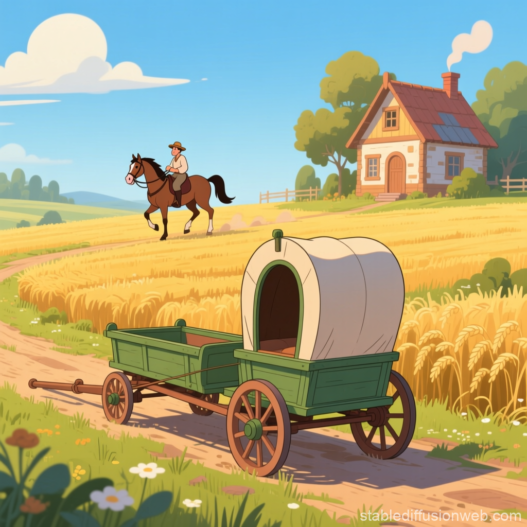 Rural Scene with Horse Rider and Covered Wagon