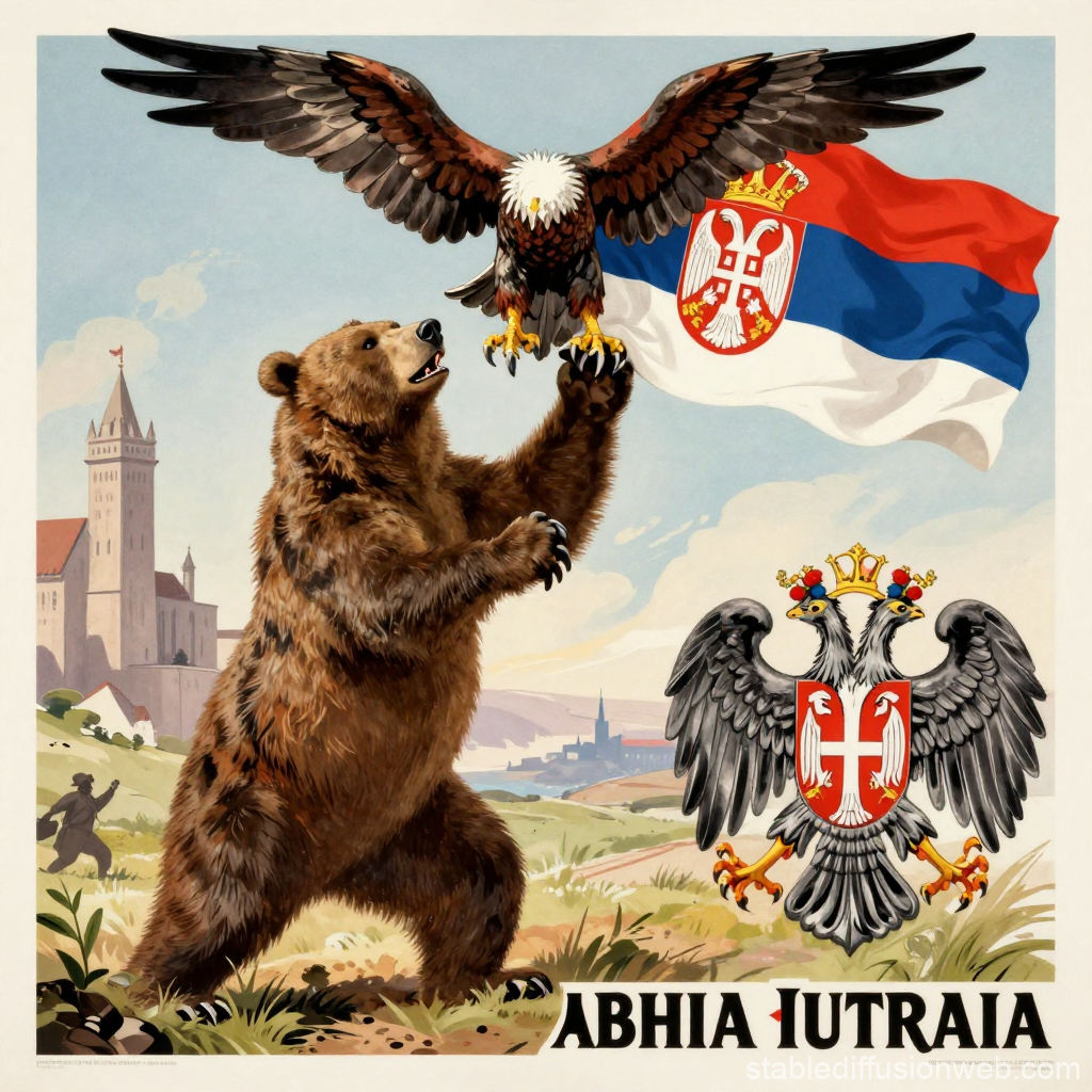 Russian Bear Holding Eagle with Serbian Flag and Double-Headed Eagle Emblem