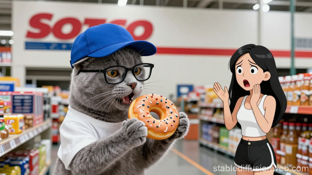 Russian Blue Cat Wearing Glasses and Cap Holding Donut in Store