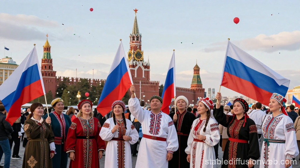 Russian Unity Celebration with Traditional Attire and Flags