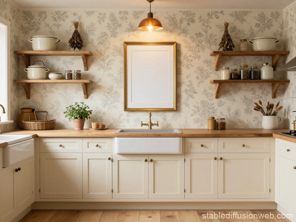 Rustic Cottagecore Kitchen with Wooden Shelves and Floral Wallpaper