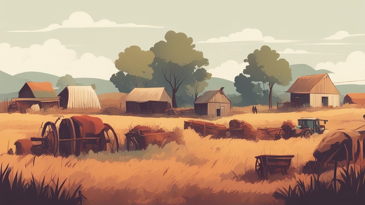 Rustic Farm Landscape with Barns and Machinery
