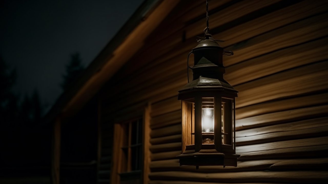 Rustic Lantern Glowing on Cabin Wall at Night