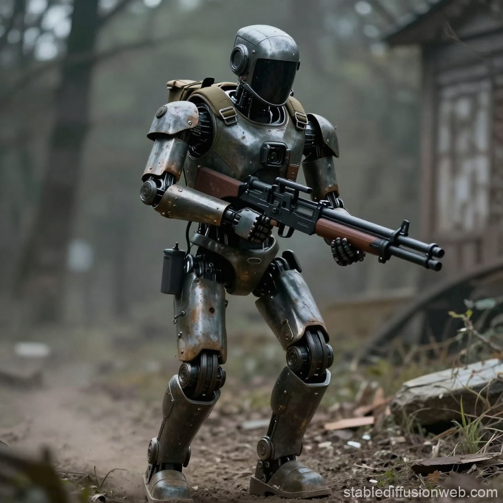 Rustic Robot Warrior Armed with Rifle in Forest