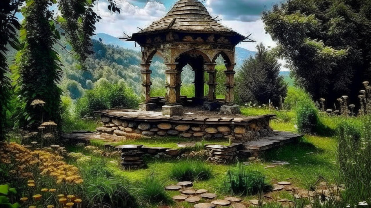 Rustic Stone Gazebo in Lush Green Garden