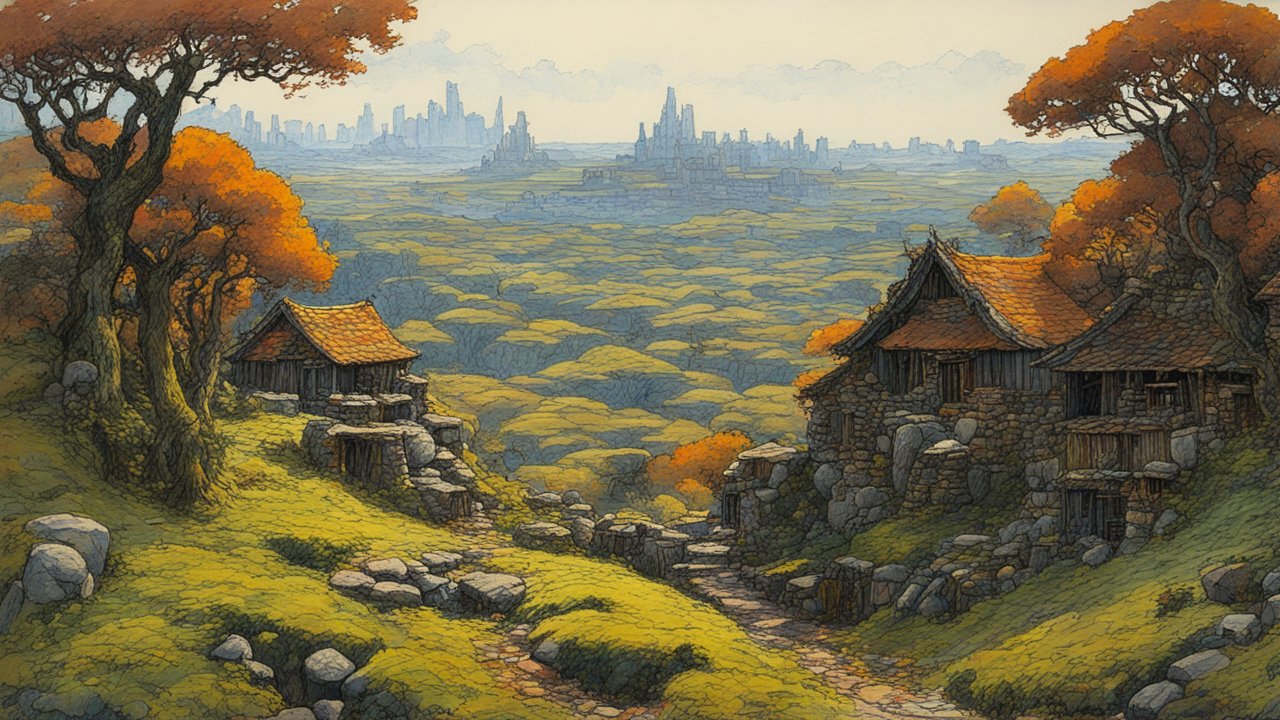 Rustic Village Pathway Overlooking a Vast Forest and Distant City