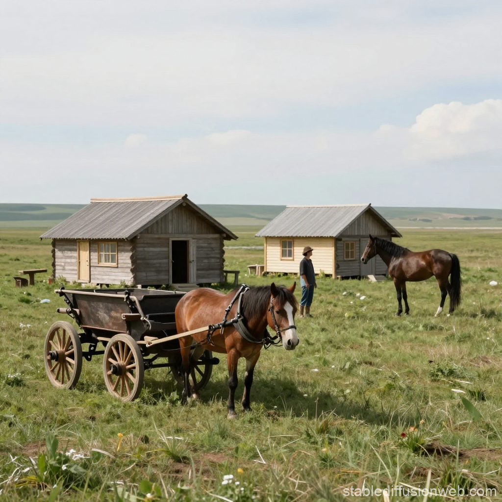 Rustic Wooden Cabins in a Meadow with Horses and Cart