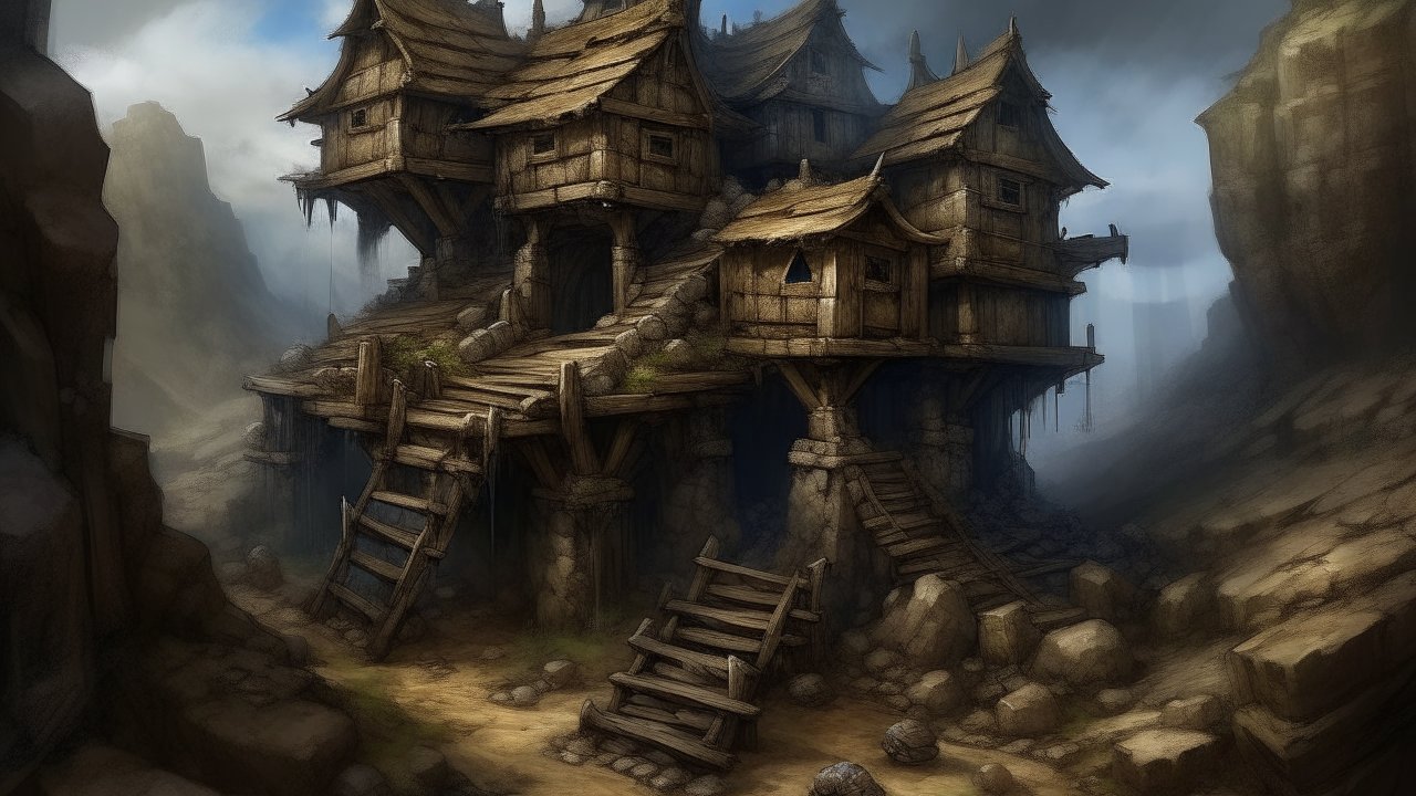 Rustic Wooden Houses on Stone Pillars in a Rocky Canyon