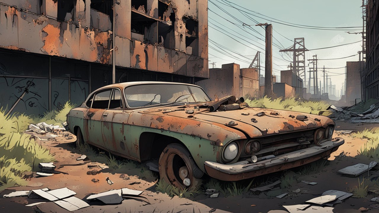 Rusty Abandoned Car in a Ruined Cityscape