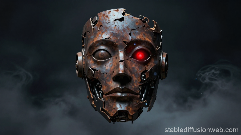 Rusty Mechanical Face with Glowing Red Eye