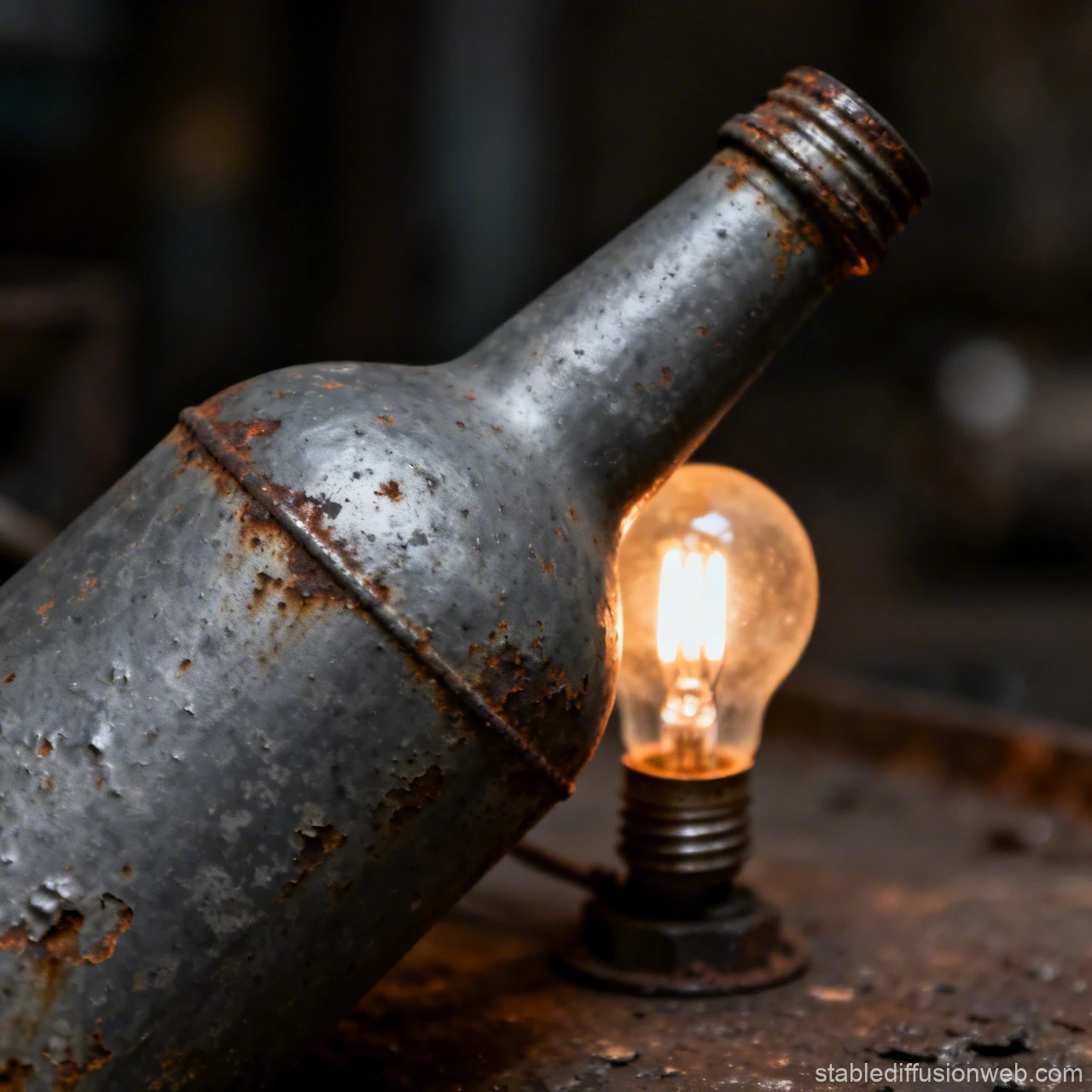Rusty Metal Bottle with Glowing Light Bulb
