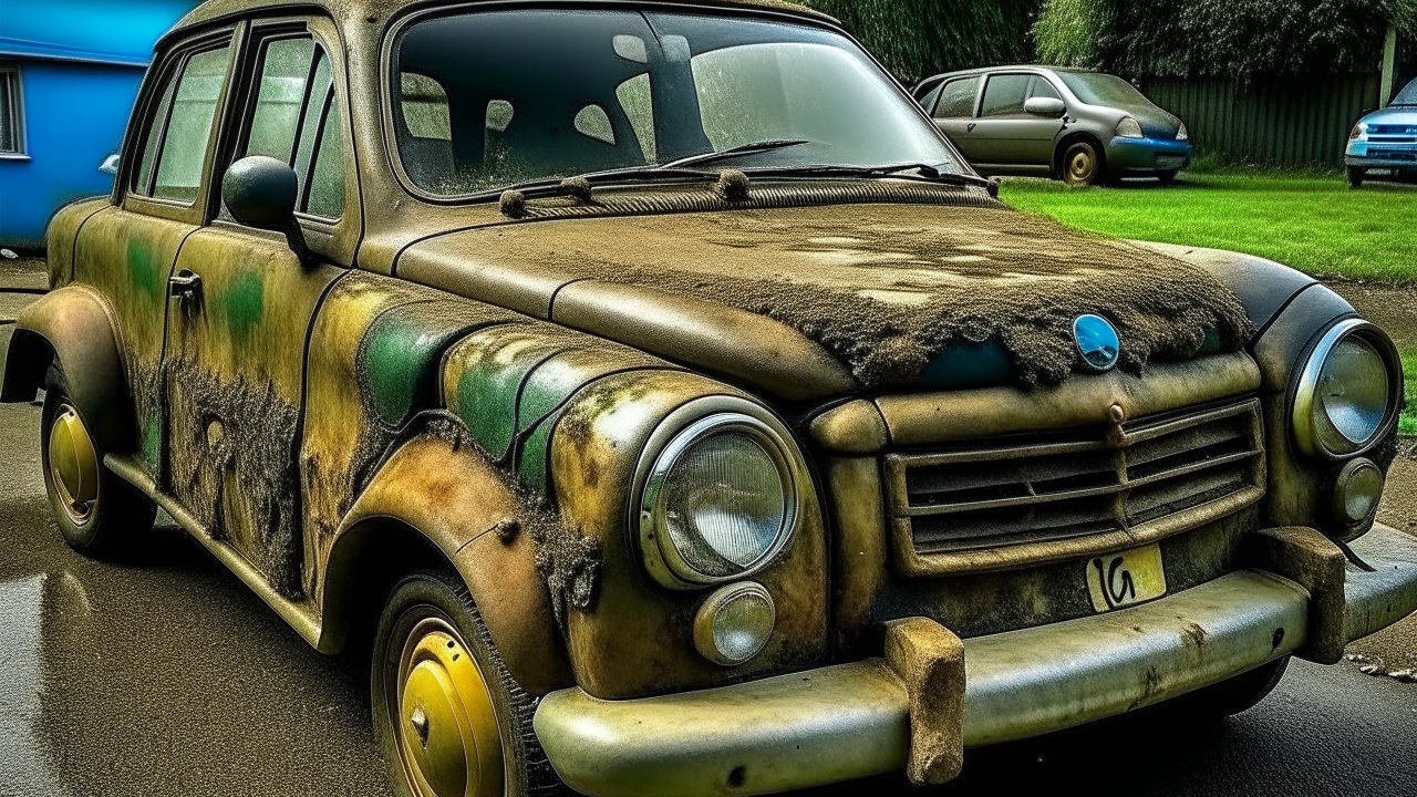 Rusty Old Car Covered in Moss and Dirt