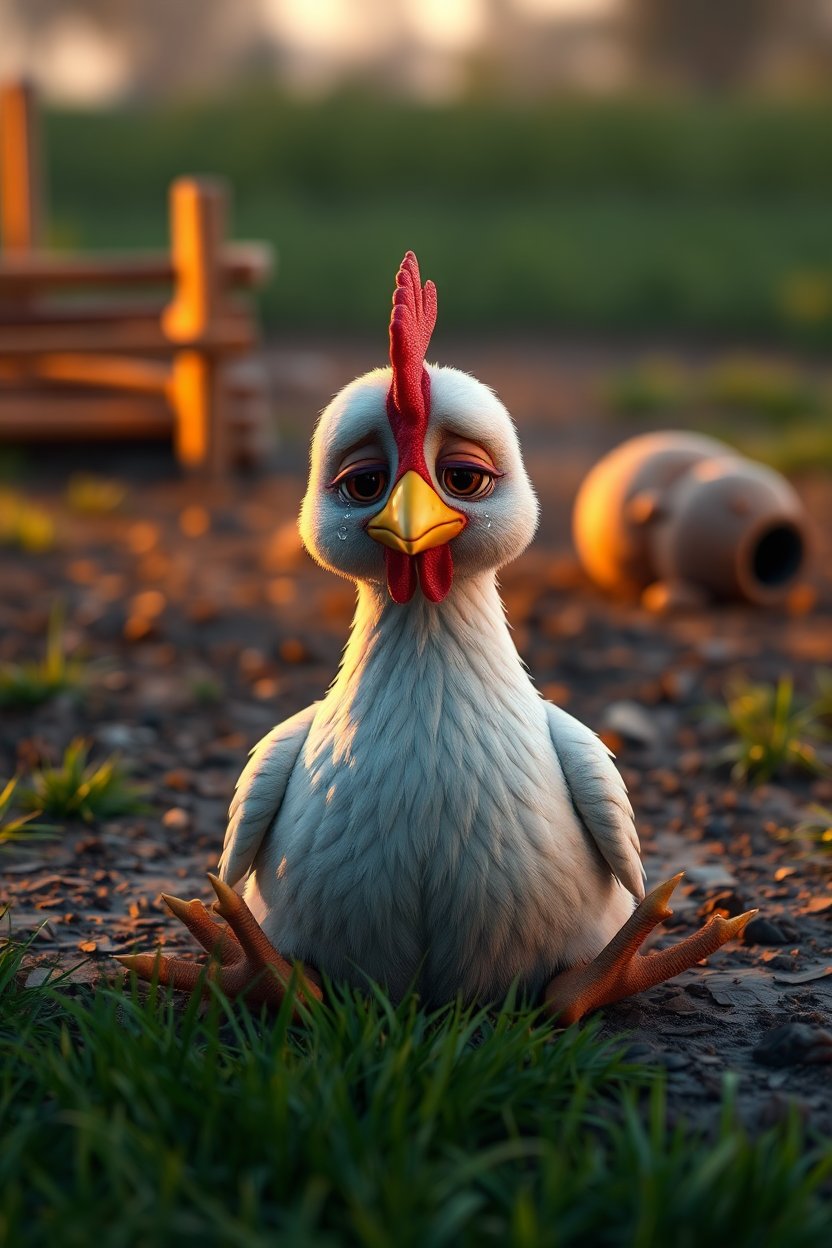 Sad 3D Rendered Chicken Sitting on Ground