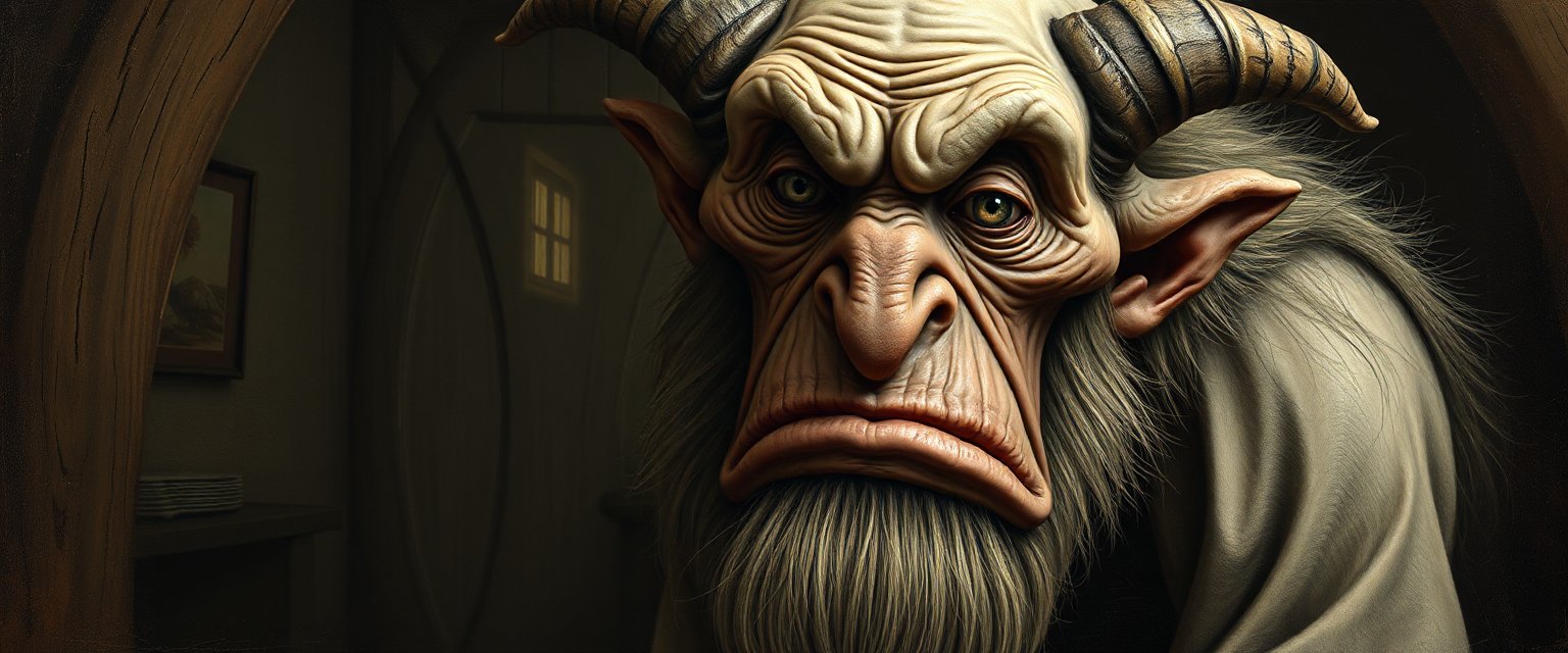 Sad Amish Troll with Horns in Dimly Lit Room