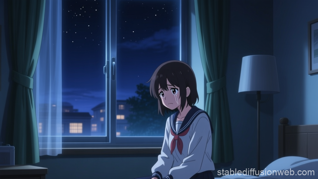 Sad Anime Girl Crying at Night in Bedroom