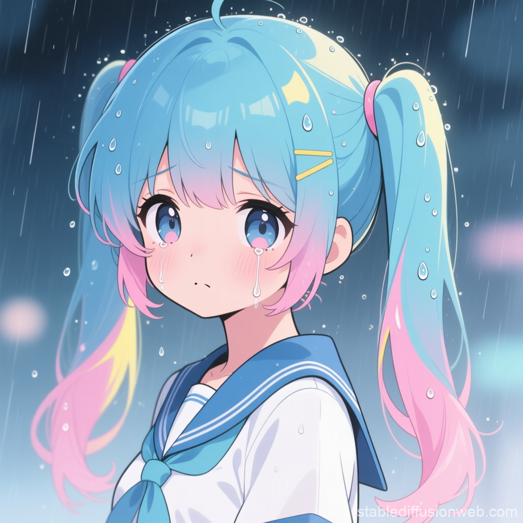 Sad Anime Girl with Blue and Pink Hair in the Rain