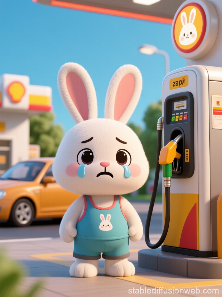 Sad Bunny Crying at Gas Station Pump