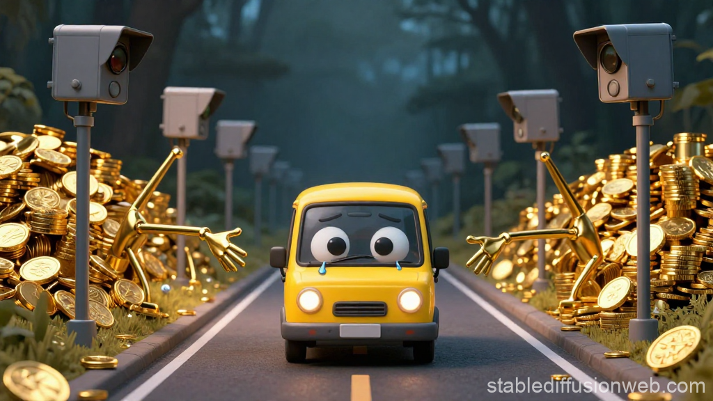 Sad Cartoon Taxi Surrounded by Gold Coins and Robotic Arms