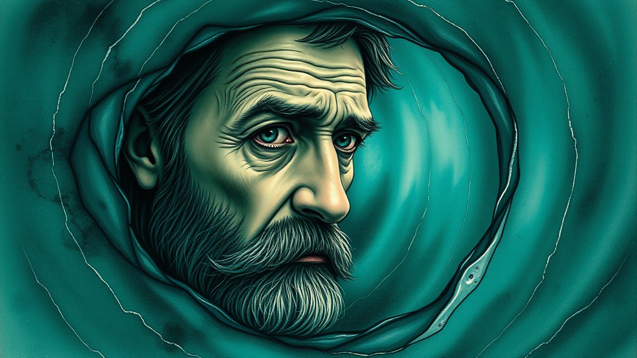 Sad Expression of an Older Man in a Surreal Blue Vortex