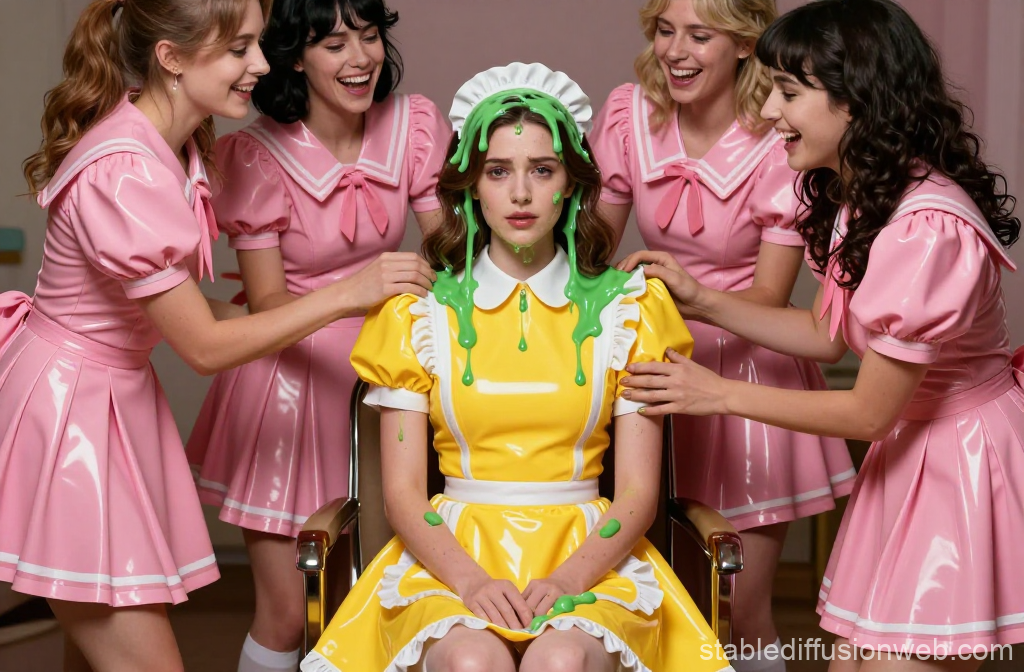 Sad Maid in Yellow Dress Covered in Green Slime Surrounded by Smiling Women