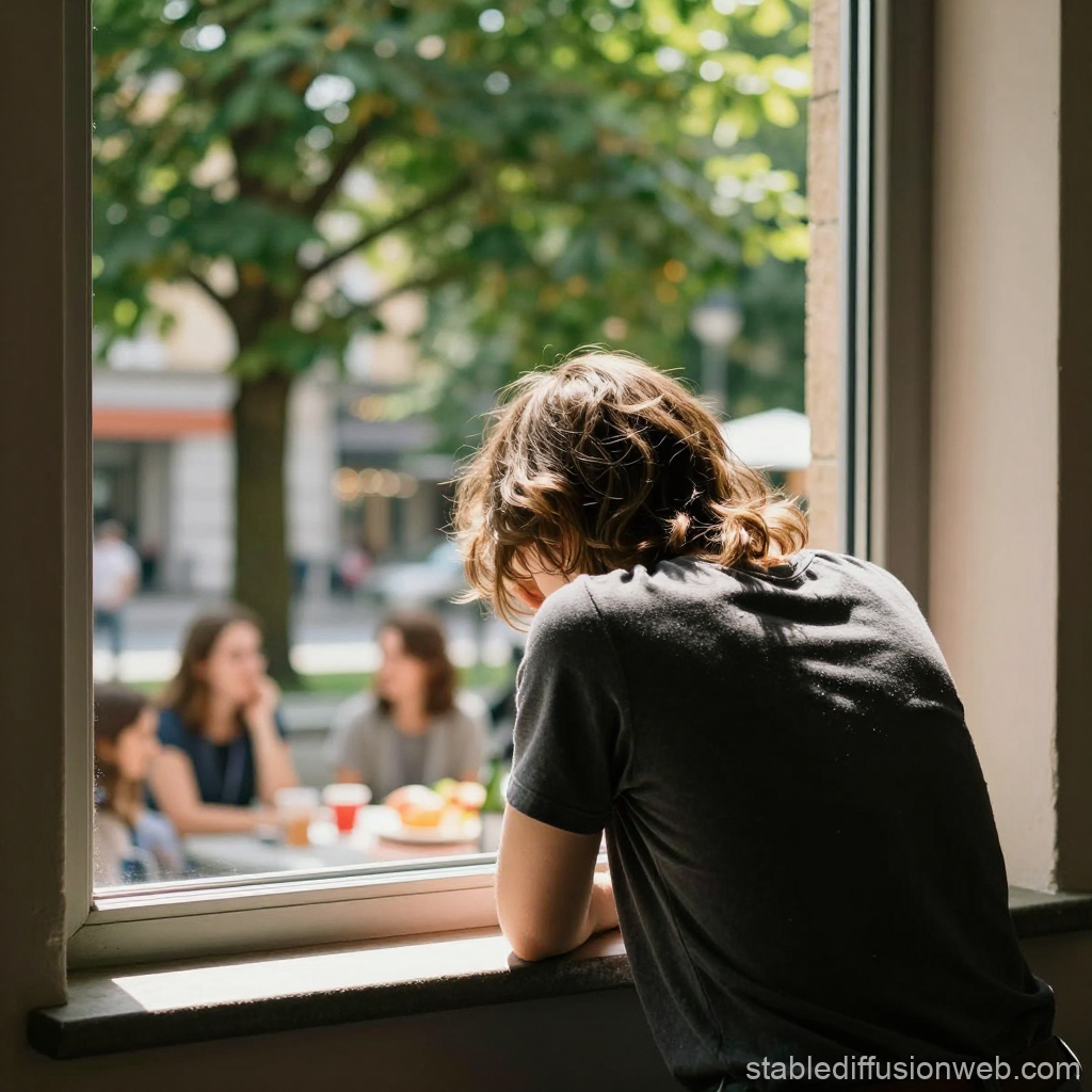 Sad Person Looking Out Window at Group Outside