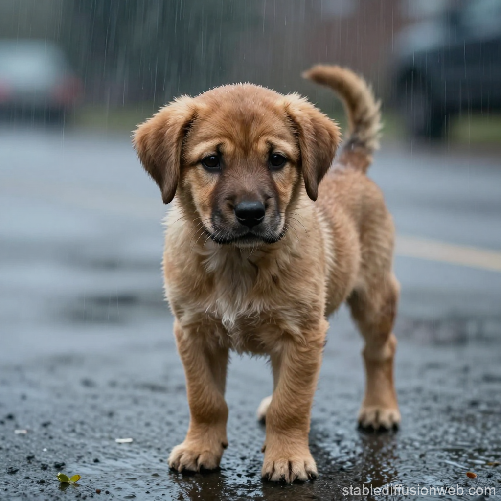 Sad Puppy Standing in the Rain on Wet Pavement
