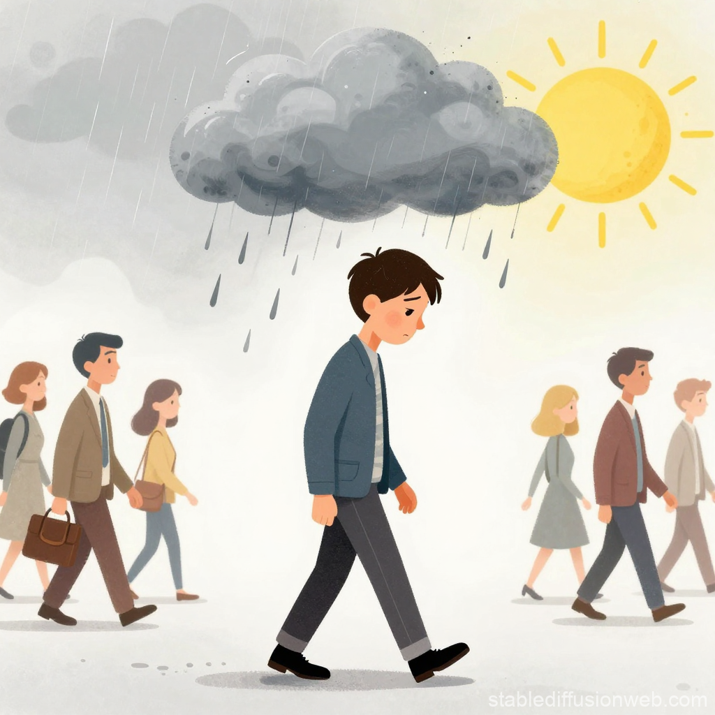 Sad Walker Under Rain Cloud Amid Sunny Day