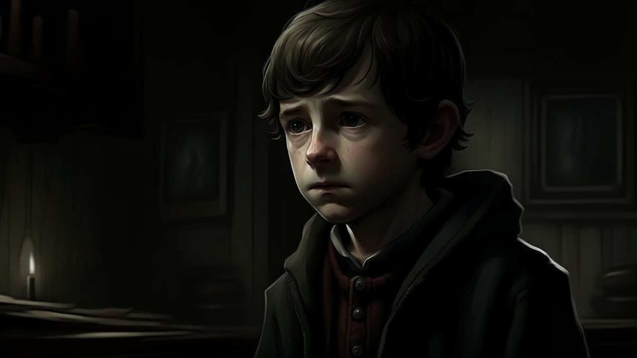 Sad Young Boy in Dimly Lit Room