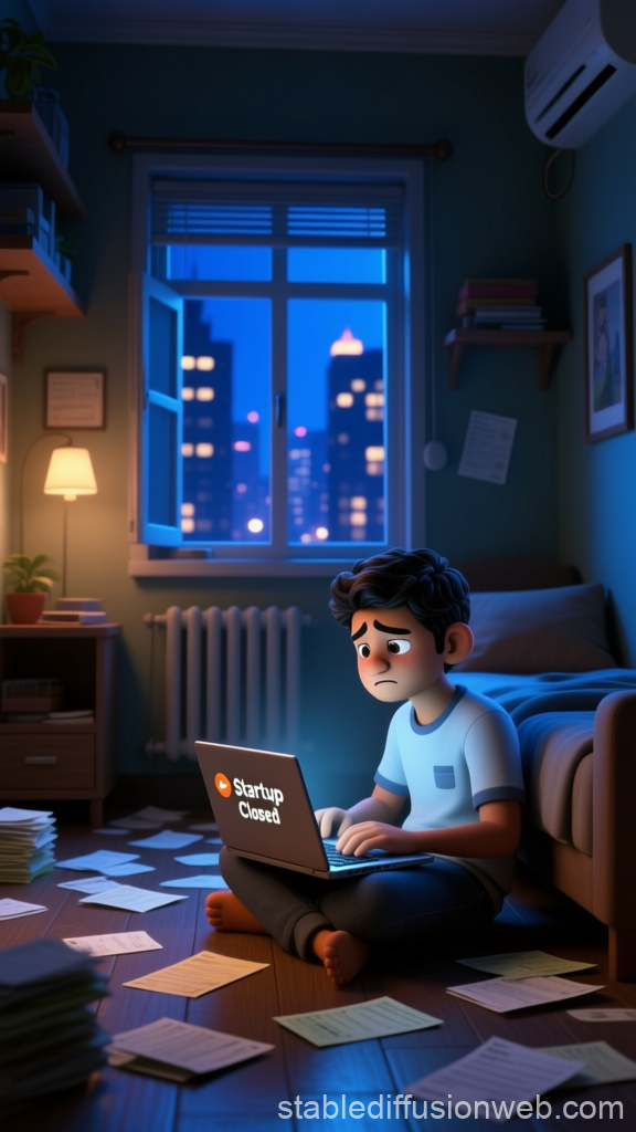 Sad Young Man Facing Startup Closure at Night