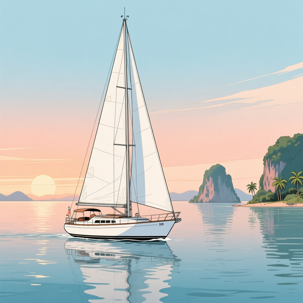 Sailboat at Sunset Near Tropical Islands