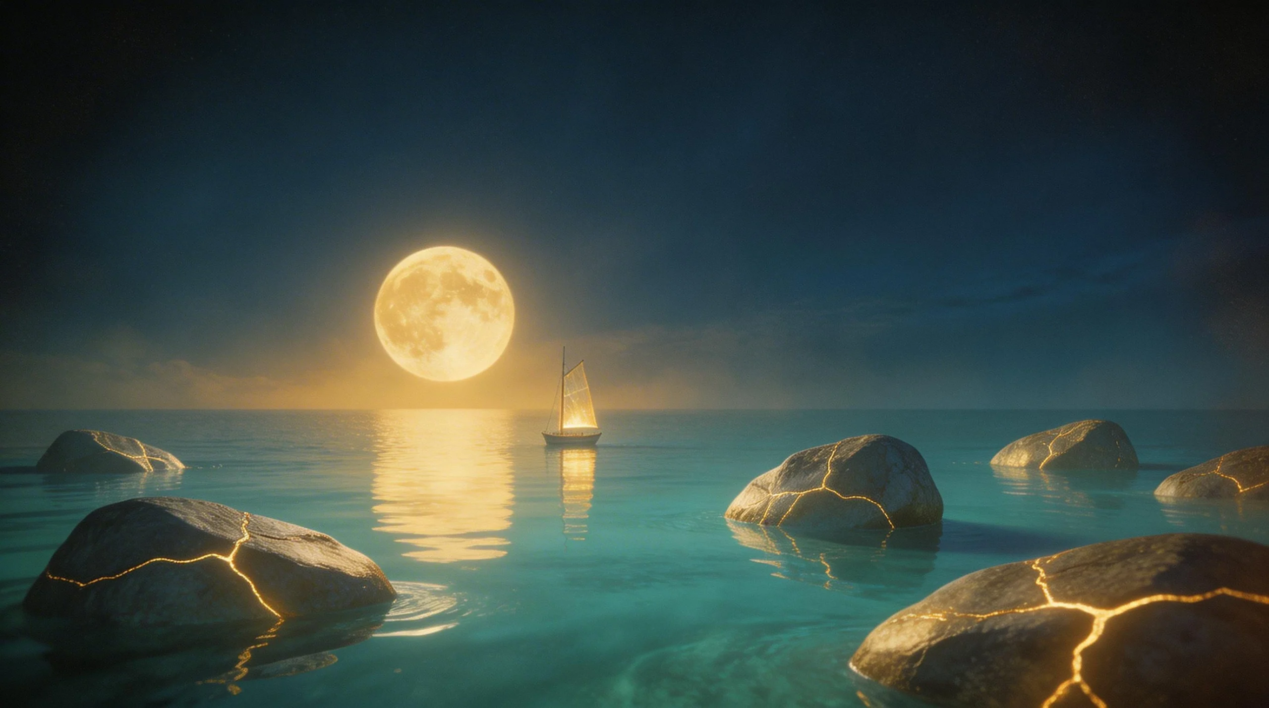 Sailboat Under a Golden Moon with Kintsugi Rocks