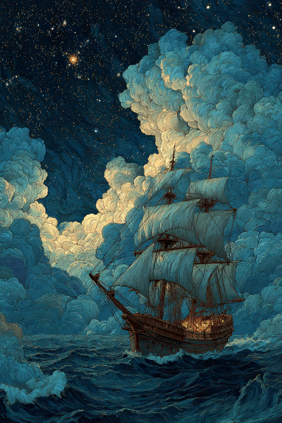 Sailing Ship Amidst Starry Night and Swirling Clouds