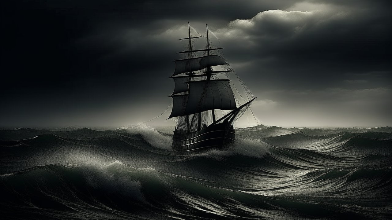 Sailing Ship on Stormy Night Sea