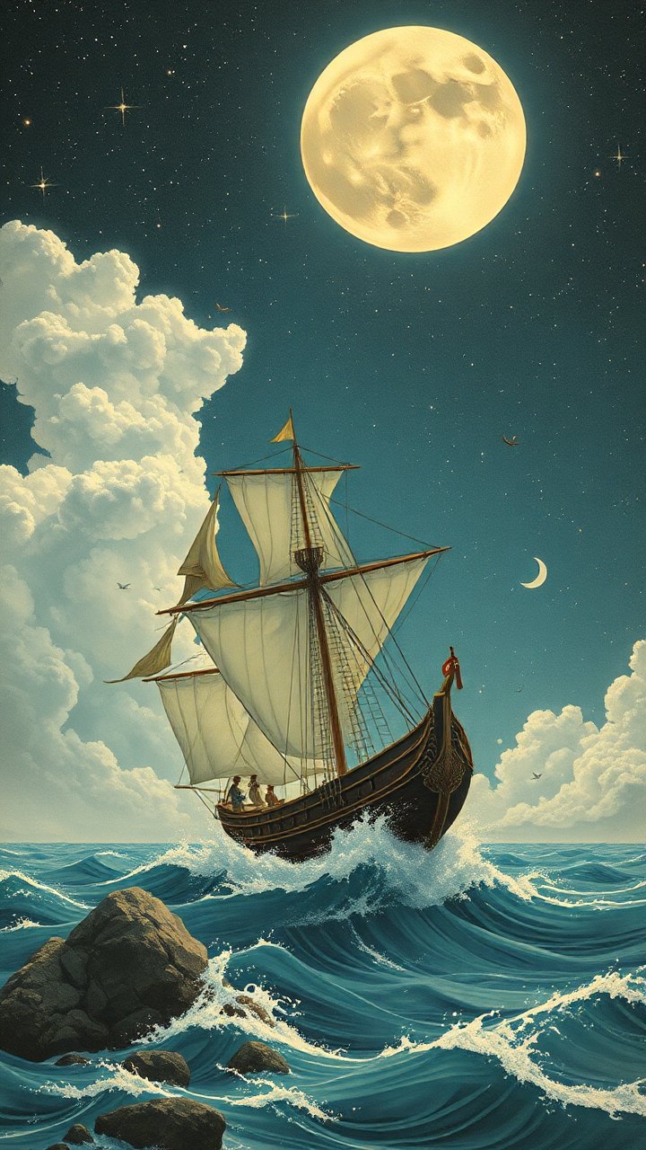 Sailing Ship Under a Glowing Full Moon and Starry Sky
