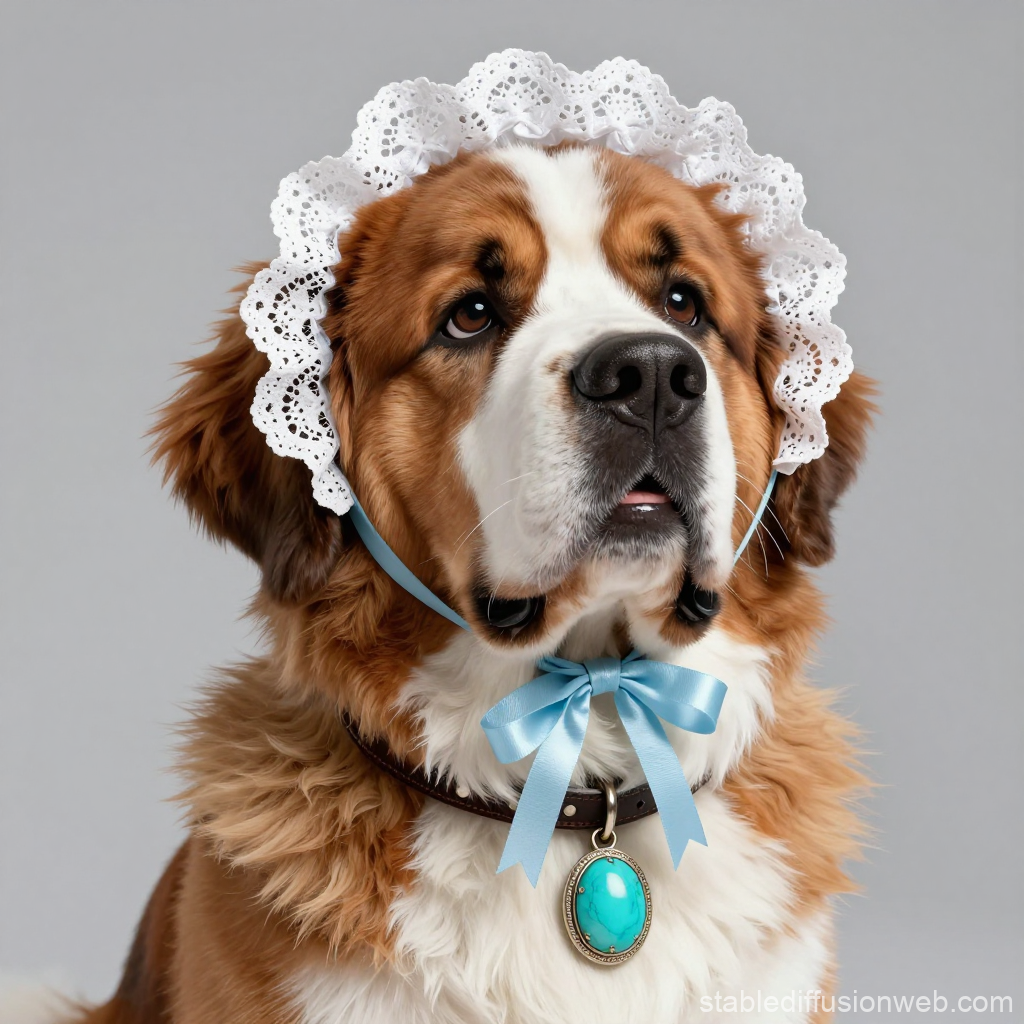 Saint Bernard Dog Wearing Lace Bonnet and Blue Ribbon
